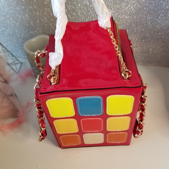 Retro Glossy Red Multicolor Square Rubiks Cube Shape Purse Chain Handbag NEW - Picture 12 of 16